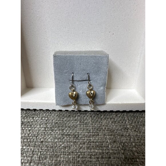 Gold Tone Heart Bead Drop Style Pierced Earrings Fashion Womens - Picture 2 of 3